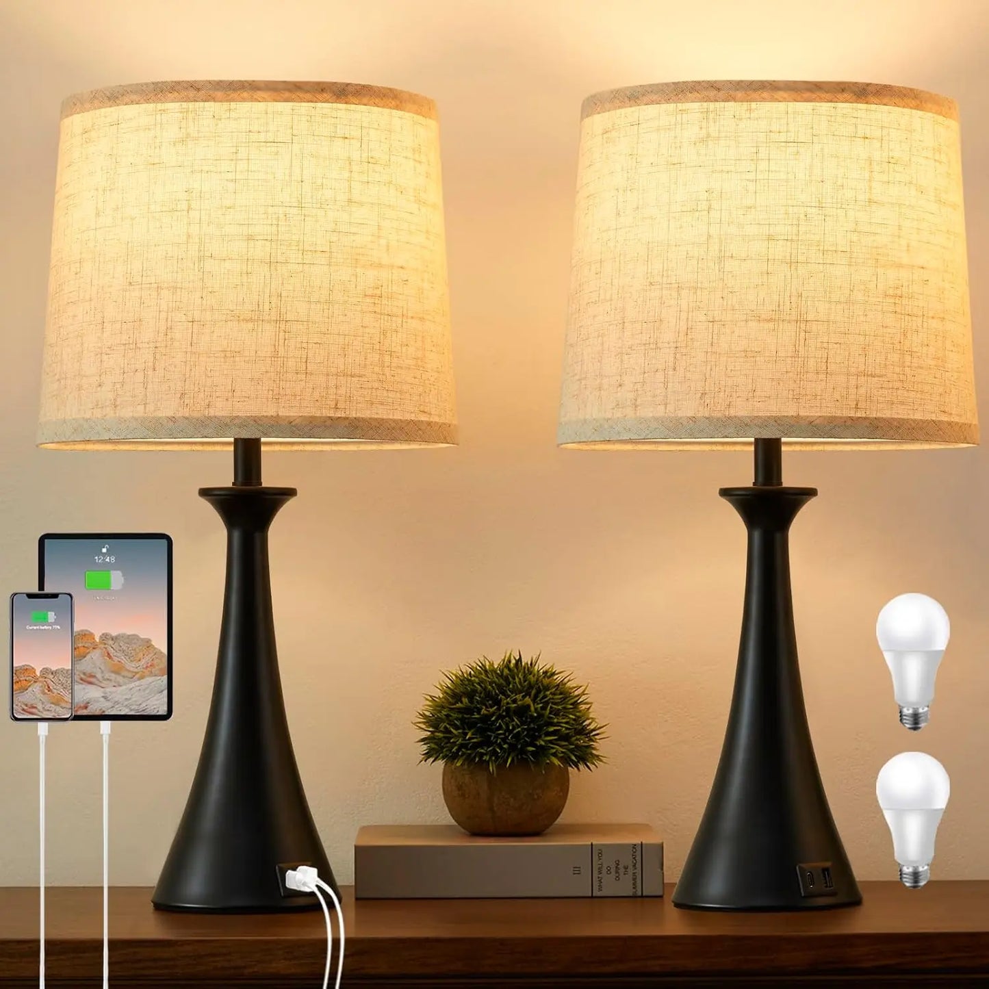 Touch Lamp Pair With USB-C Ports And Three-Way Dimming
