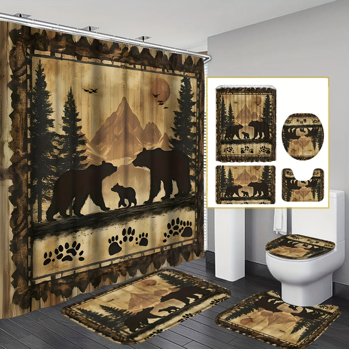 Four Bamboo Shower Curtains With Abstract Design And Hooks