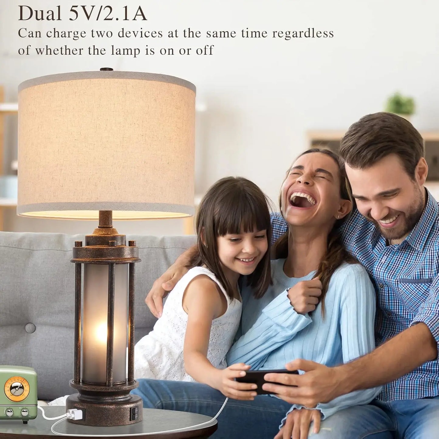 Farmhouse Table Lamps Set of 2 With USB Charging Ports