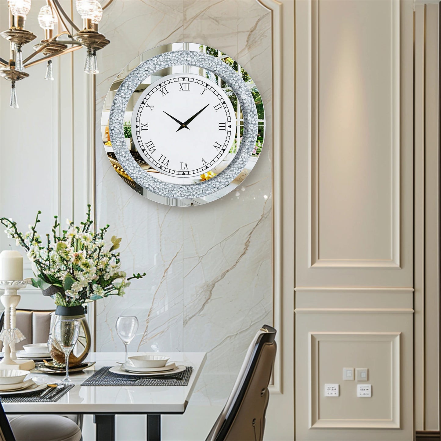 Silver Tawny Round Mirror Wall Clock With Crystal Sparkle