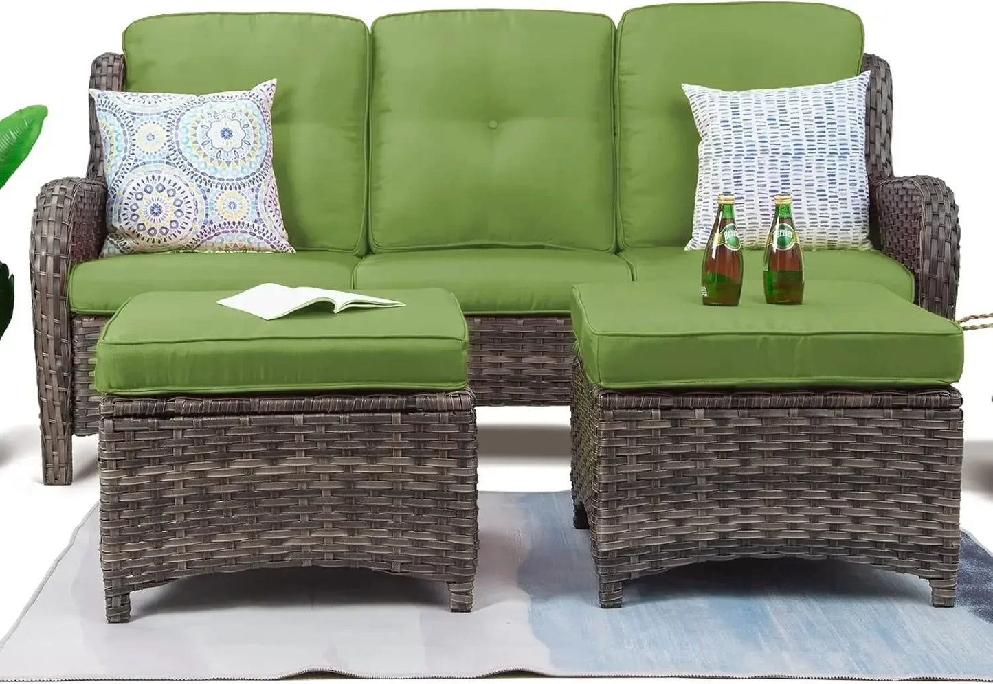Wicker Outdoor Furniture Set 3-Piece With 3-Seat Sofa And Ottomans