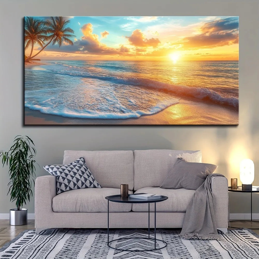 Natural Pine Frame Canvas Wall Art Ocean Sunset Coast Scene