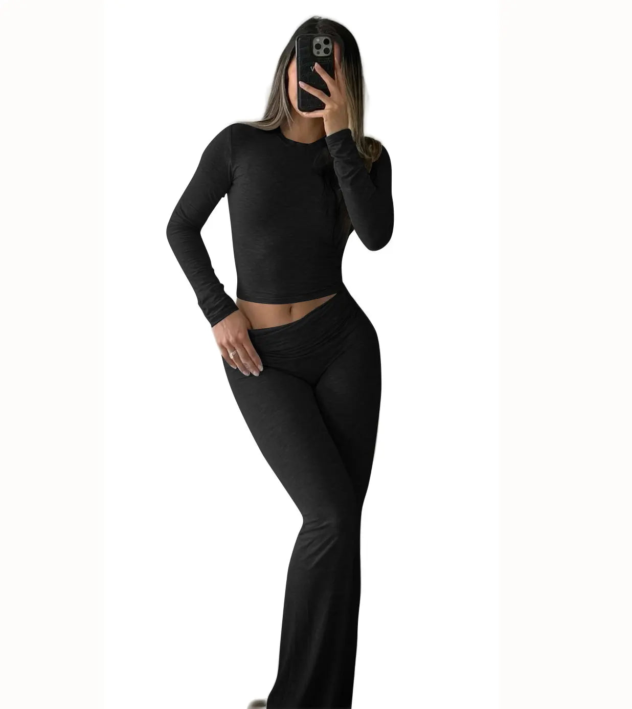 Womens Yoga Two Piece Set With Long Sleeve Top And Wide Leg Pants