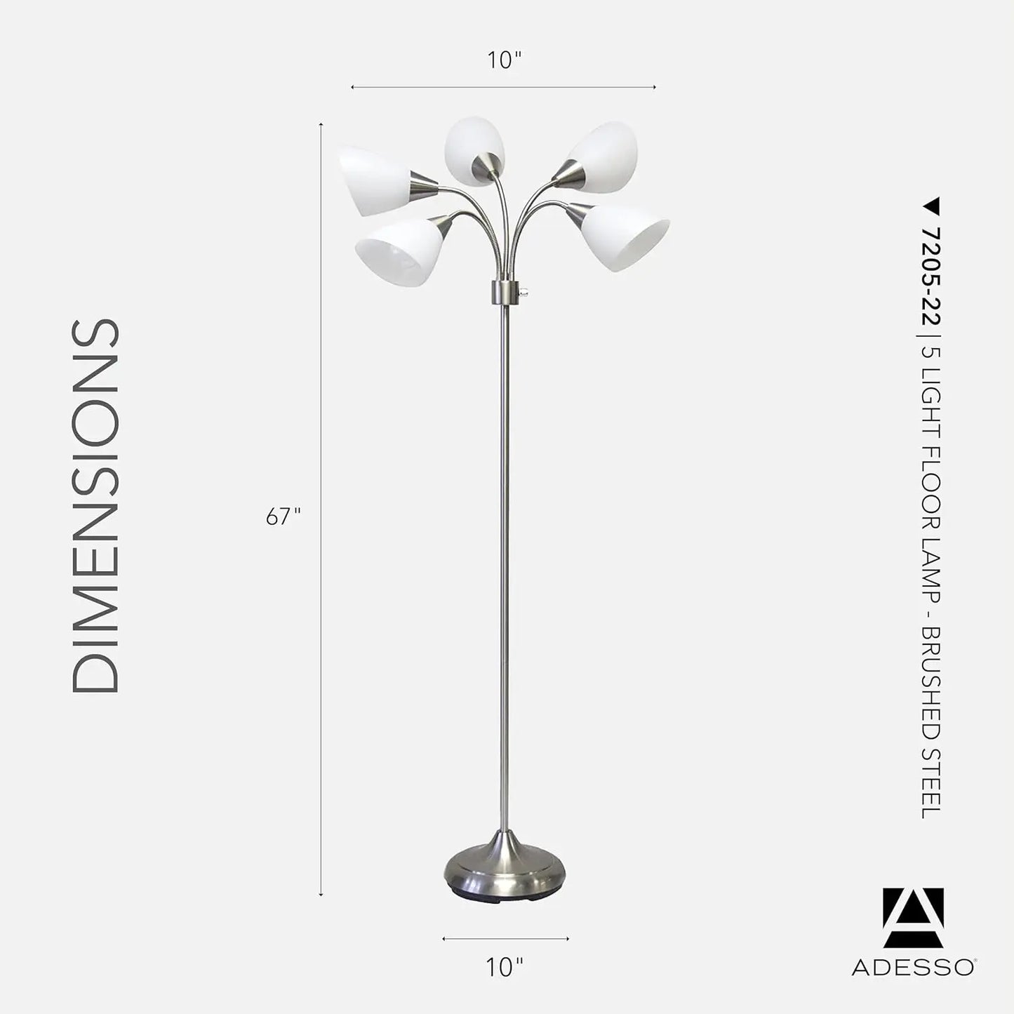 Floor Lamp With Five Movable Shades And Adjustable Brightness Brushed Steel