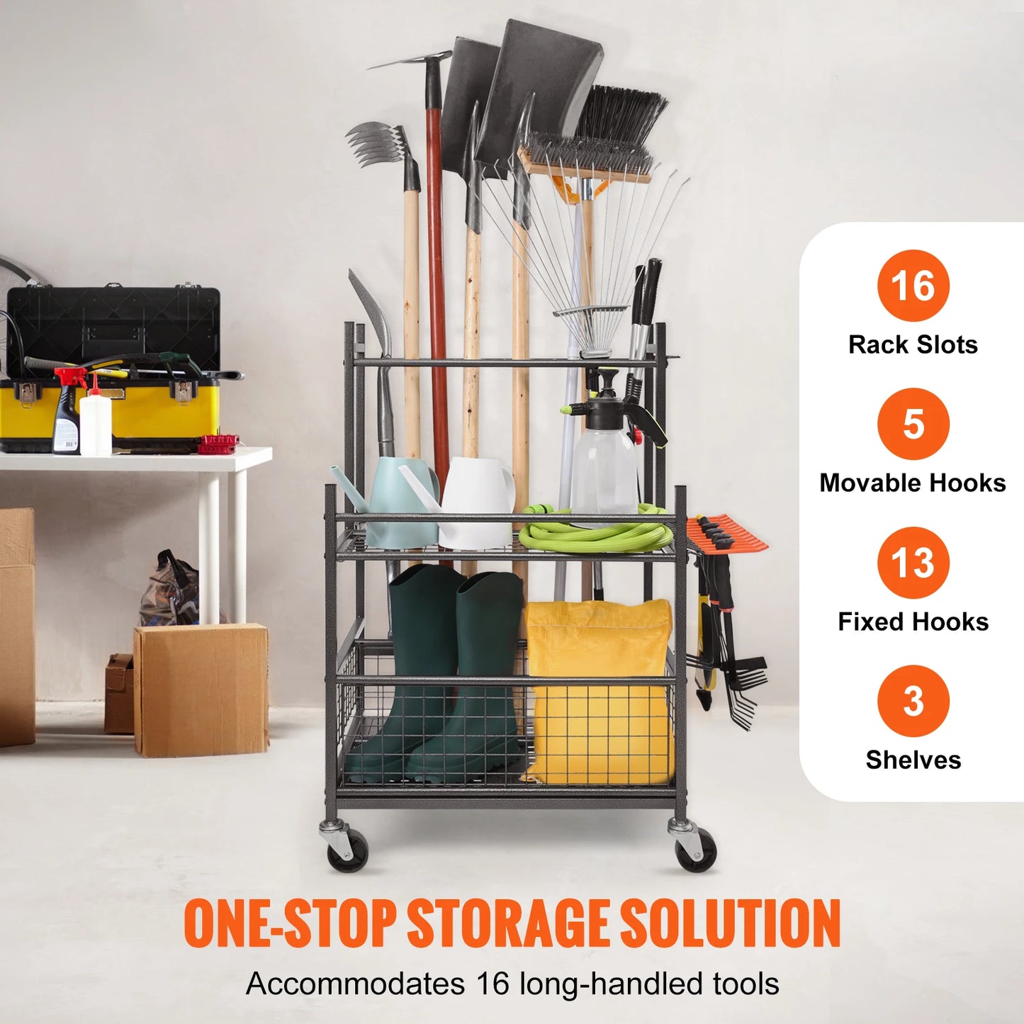 SucceBuy Garden Tool Organizer Rack With Hooks Wheels Garage Storage