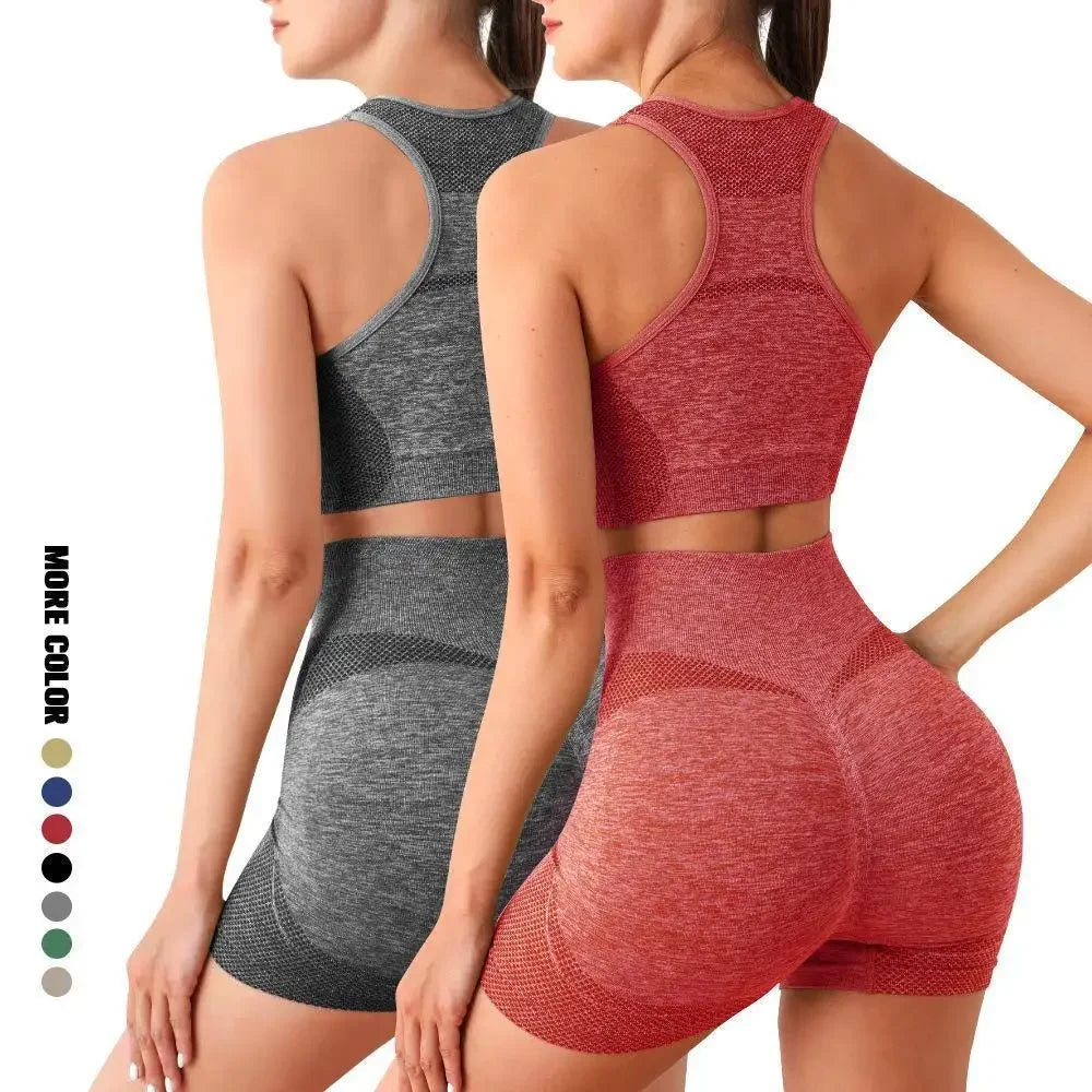 Women Yoga Set With Breathable Quick Dry Seamless Sports Bra And Shorts
