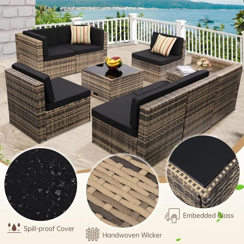 Outdoor Wicker Patio Sectional Set With Glass Table Storage