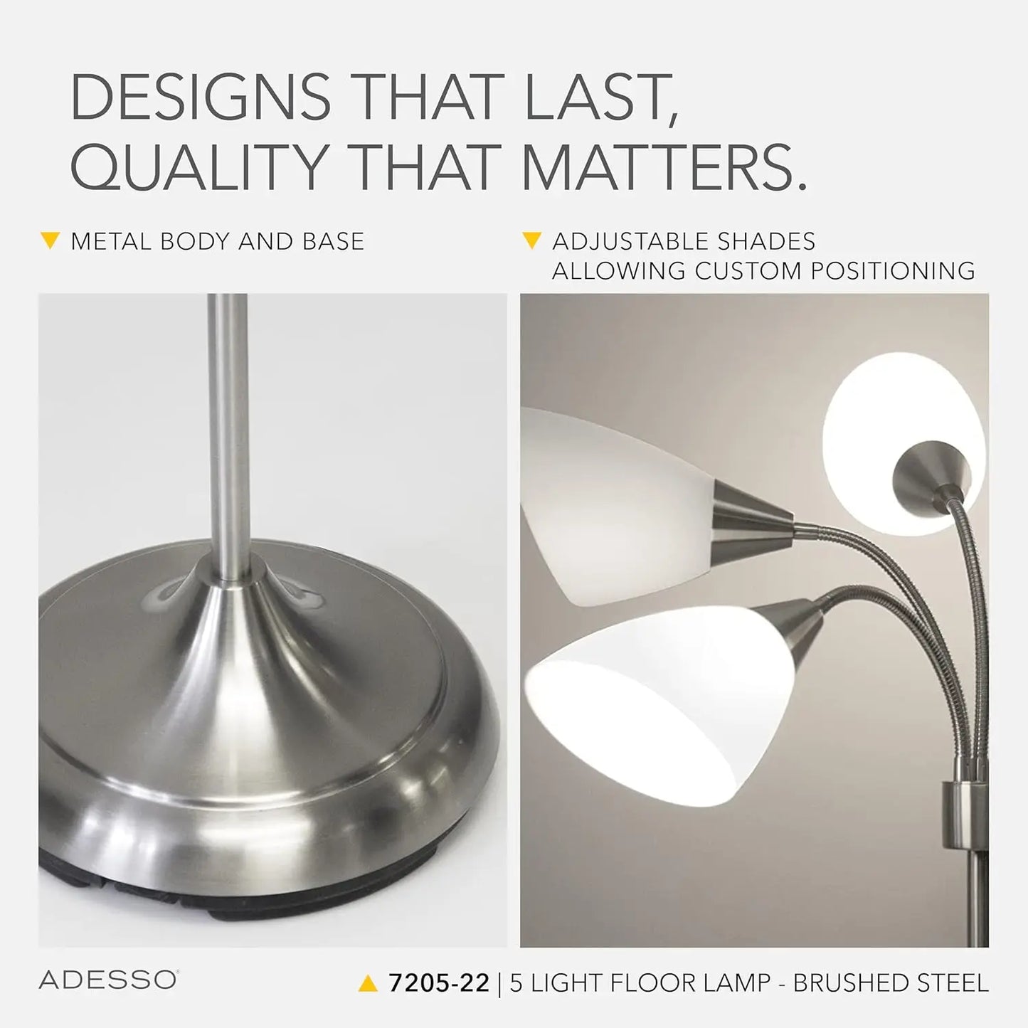 Floor Lamp With Five Movable Shades And Adjustable Brightness Brushed Steel