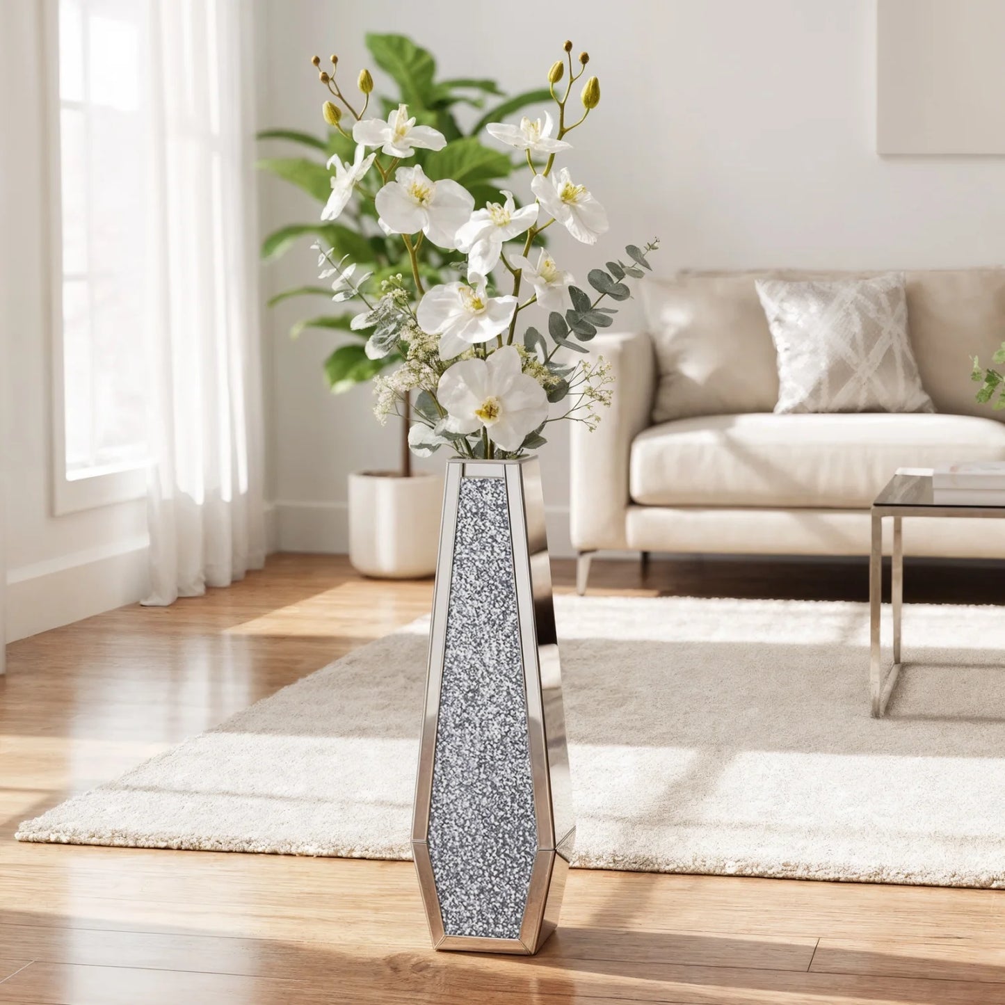 Mirrored Floor Vase With Crushed Diamond Glass Silver Finish