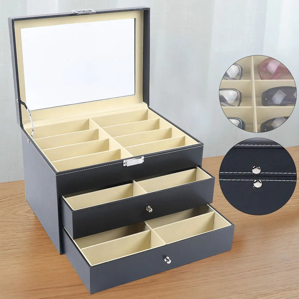 PU Leather Sunglasses Display Box With Glass Window Organizer