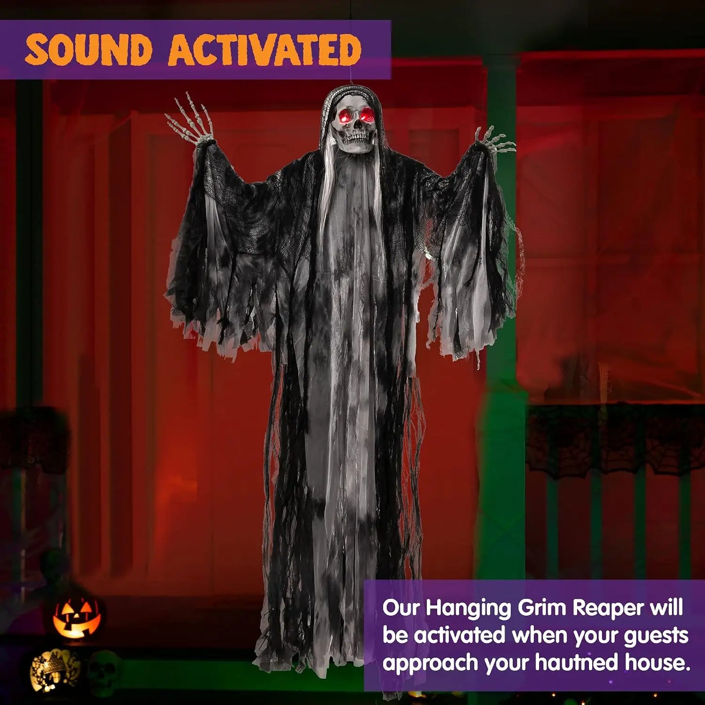 Joyfy Animated Grim Reaper Halloween Decoration Glowing Eyes Voice Control