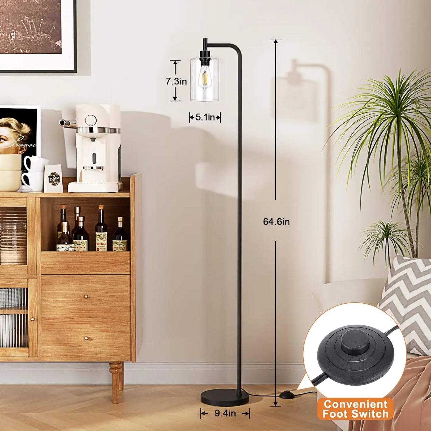Industrial Floor Lamp With Glass Shade Led Bulb Pedal Switch