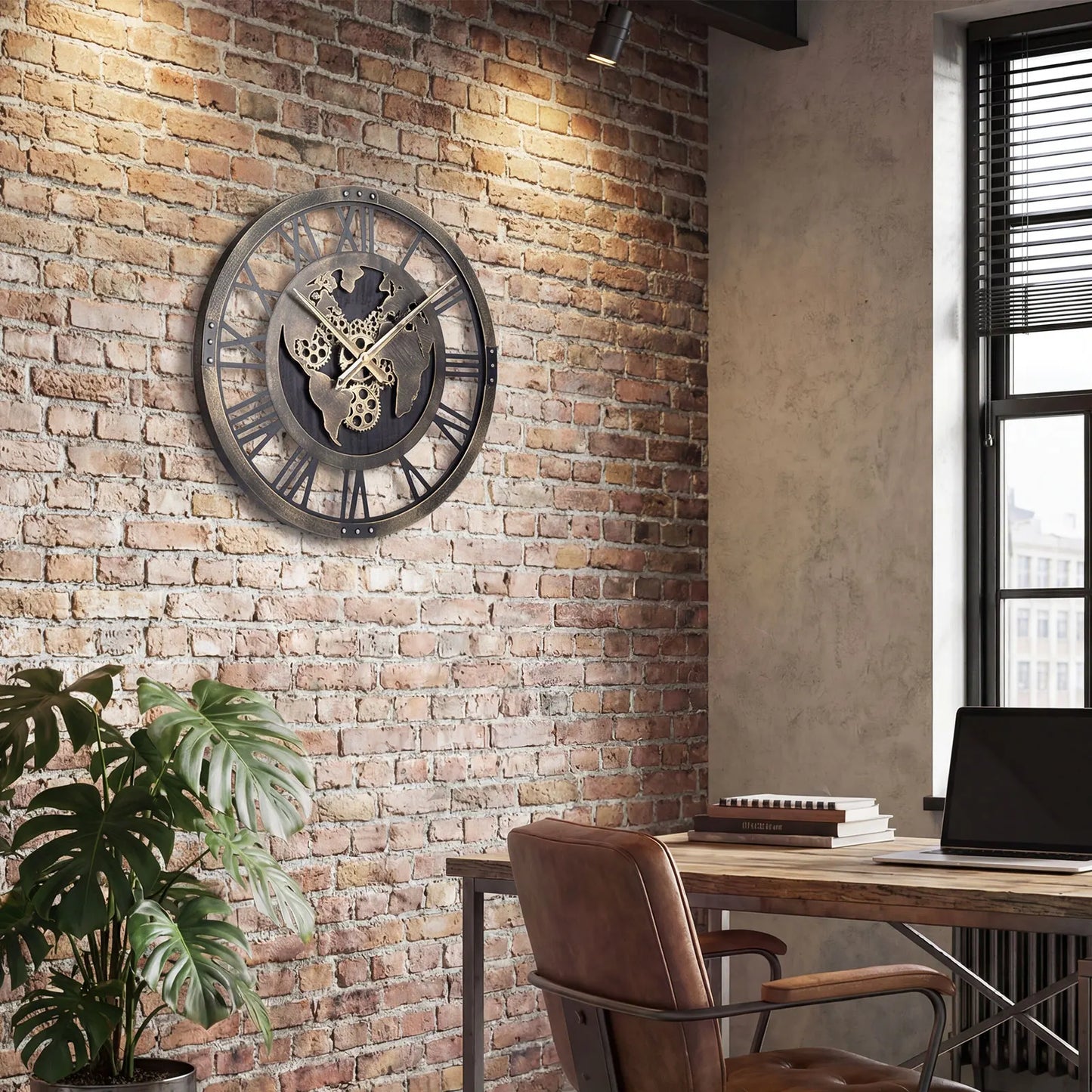 HOMASIS Gear Wall Clock With World Map Non-Ticking Metal Clock