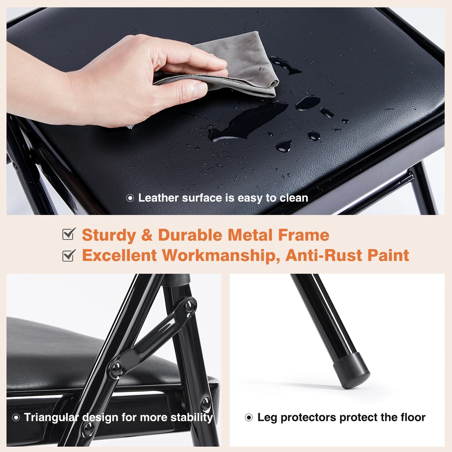 JHK Leather Padded Folding Chair 4 Pack Sturdy Metal Frame