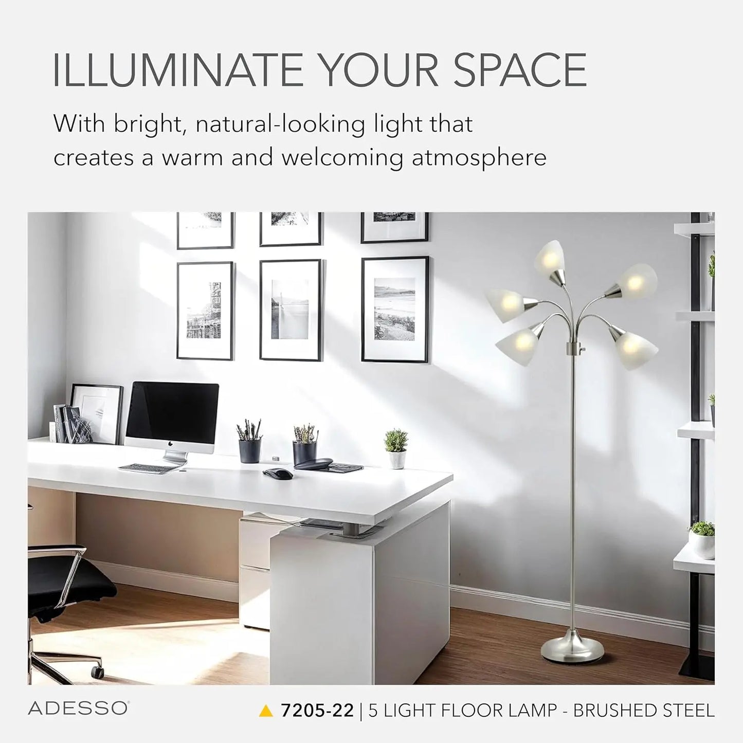 Floor Lamp With Five Movable Shades And Adjustable Brightness Brushed Steel