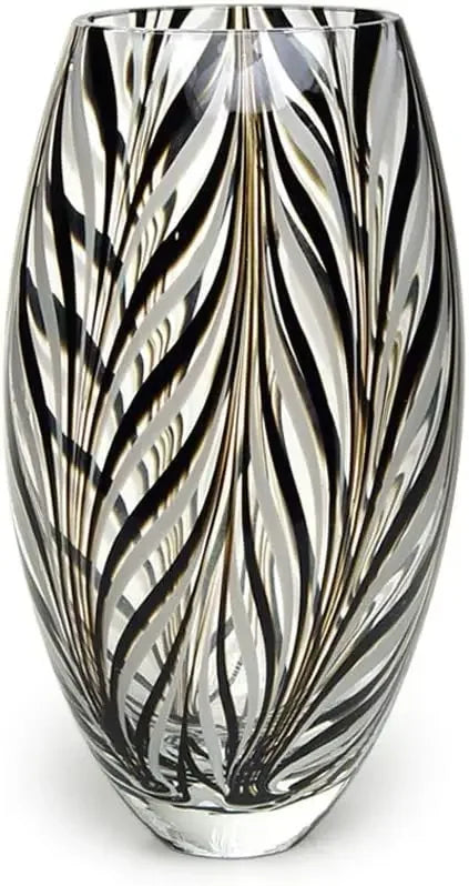 Hand Blown Murano Style Glass Vase With Feather Pattern