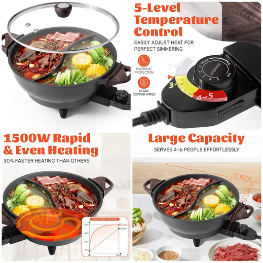 XMSJ Twin Electric Hot Pot With Divider PFAS Free Ceramic Nonstick