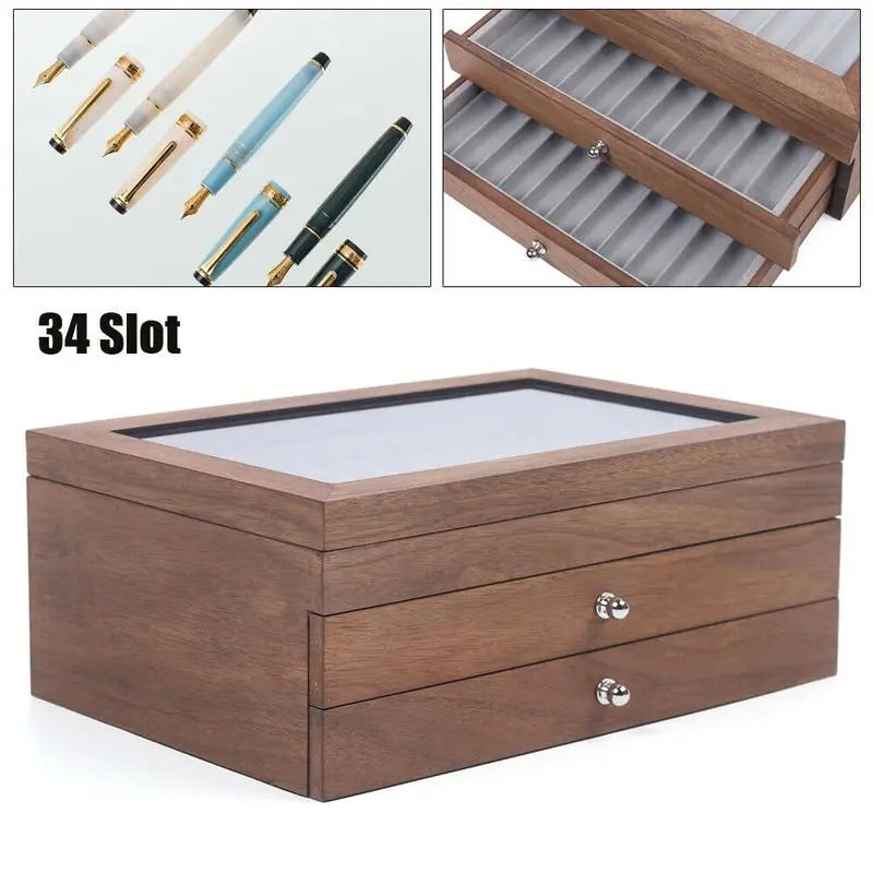 Walnut Wood 34 Slot Pen Storage Case With Drawer For Office And Gift