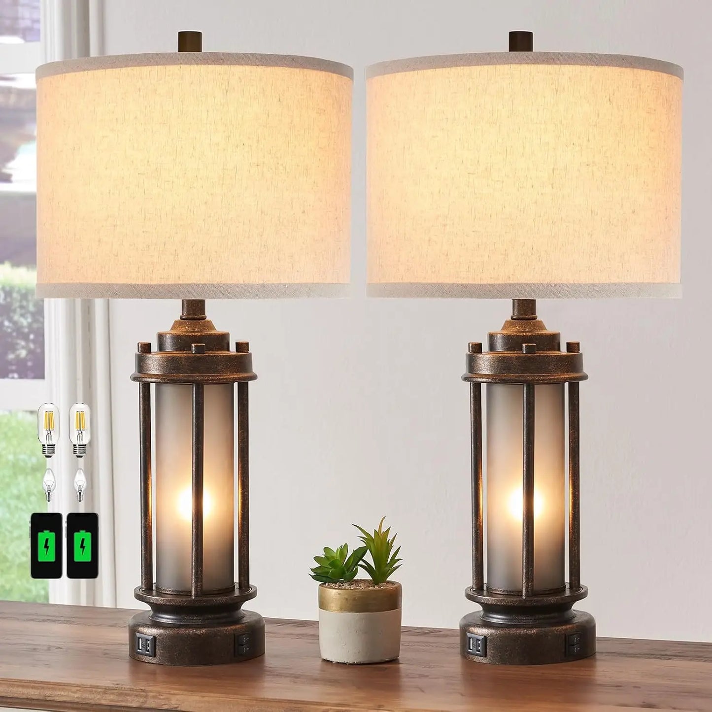 Farmhouse Table Lamps Set of 2 With USB Charging Ports