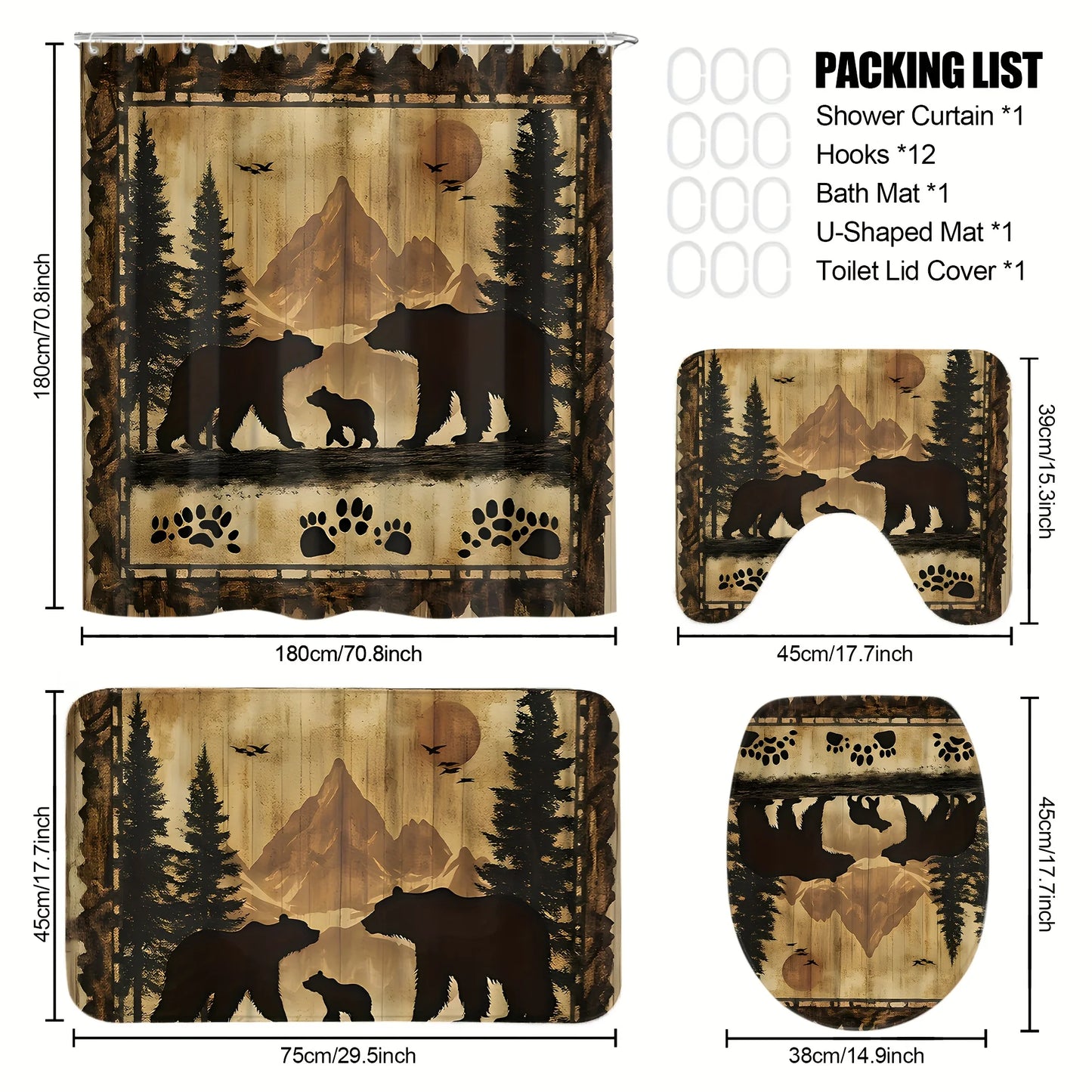 Four Bamboo Shower Curtains With Abstract Design And Hooks