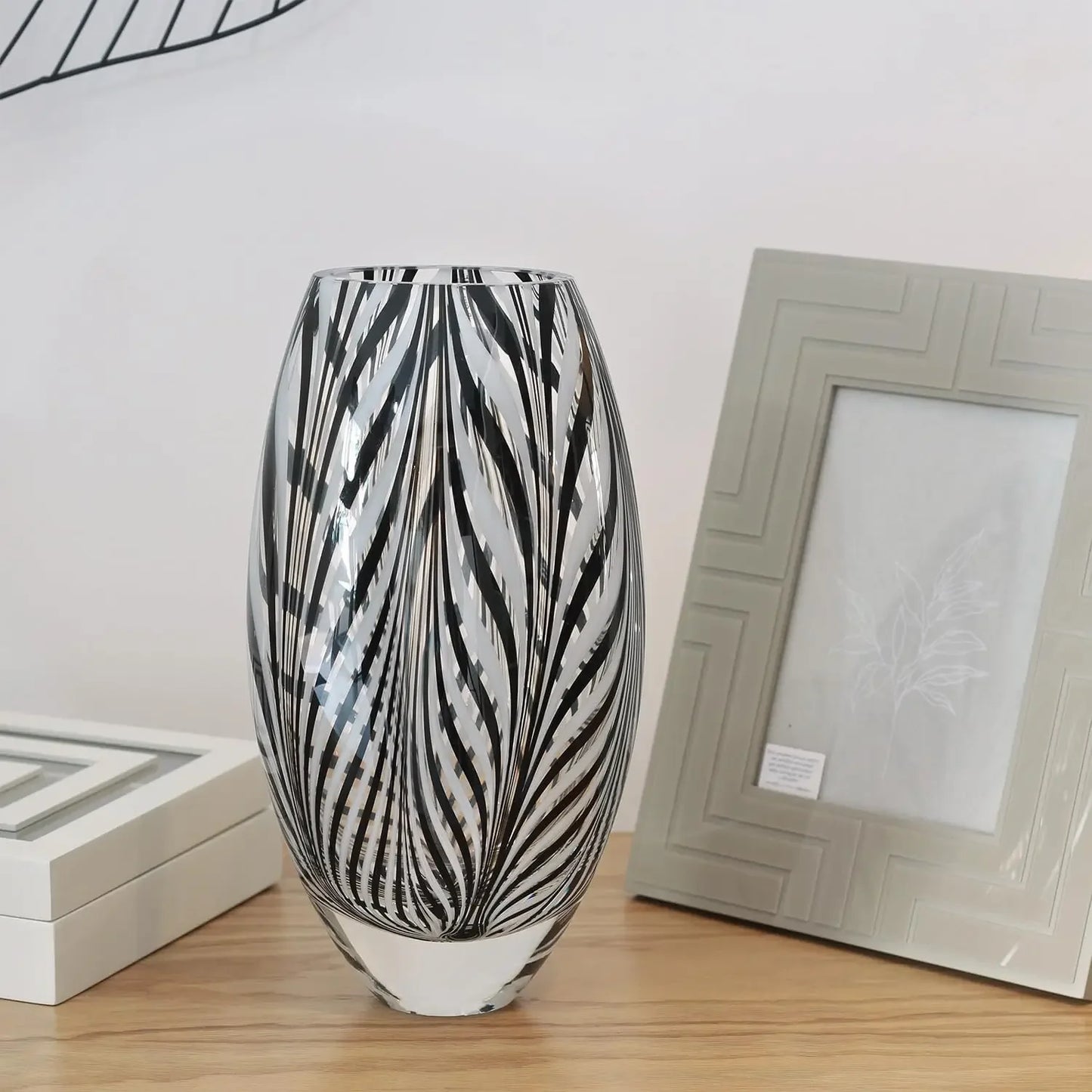 Hand Blown Murano Style Glass Vase With Feather Pattern