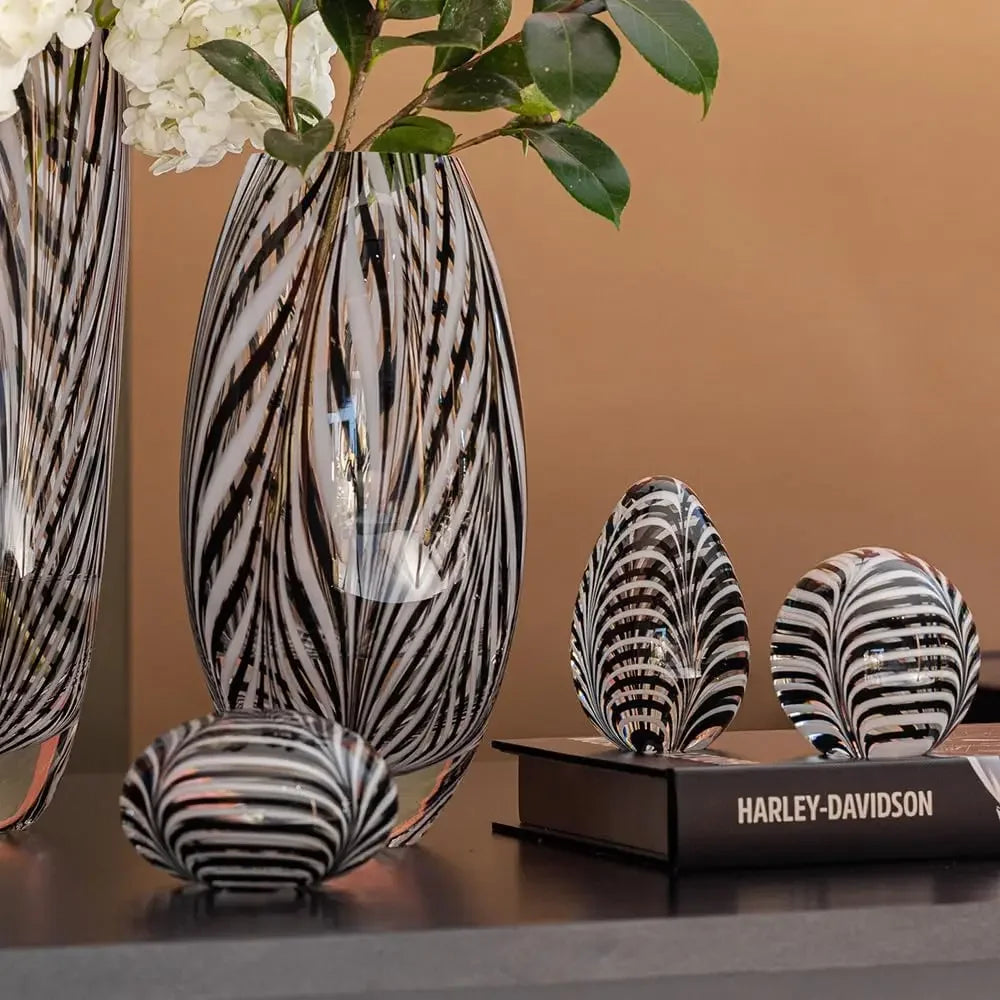 Hand Blown Murano Style Glass Vase With Feather Pattern