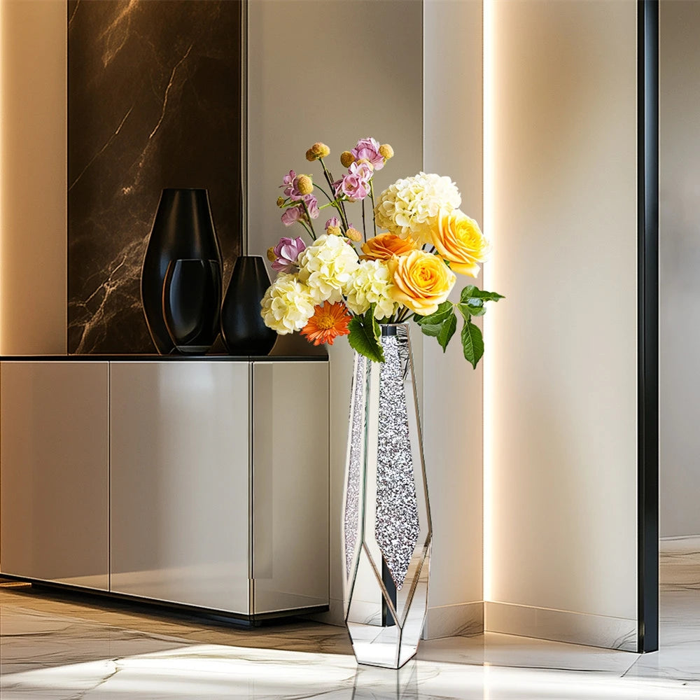 Crushed Diamond Mirrored Flower Vase Floor Standing