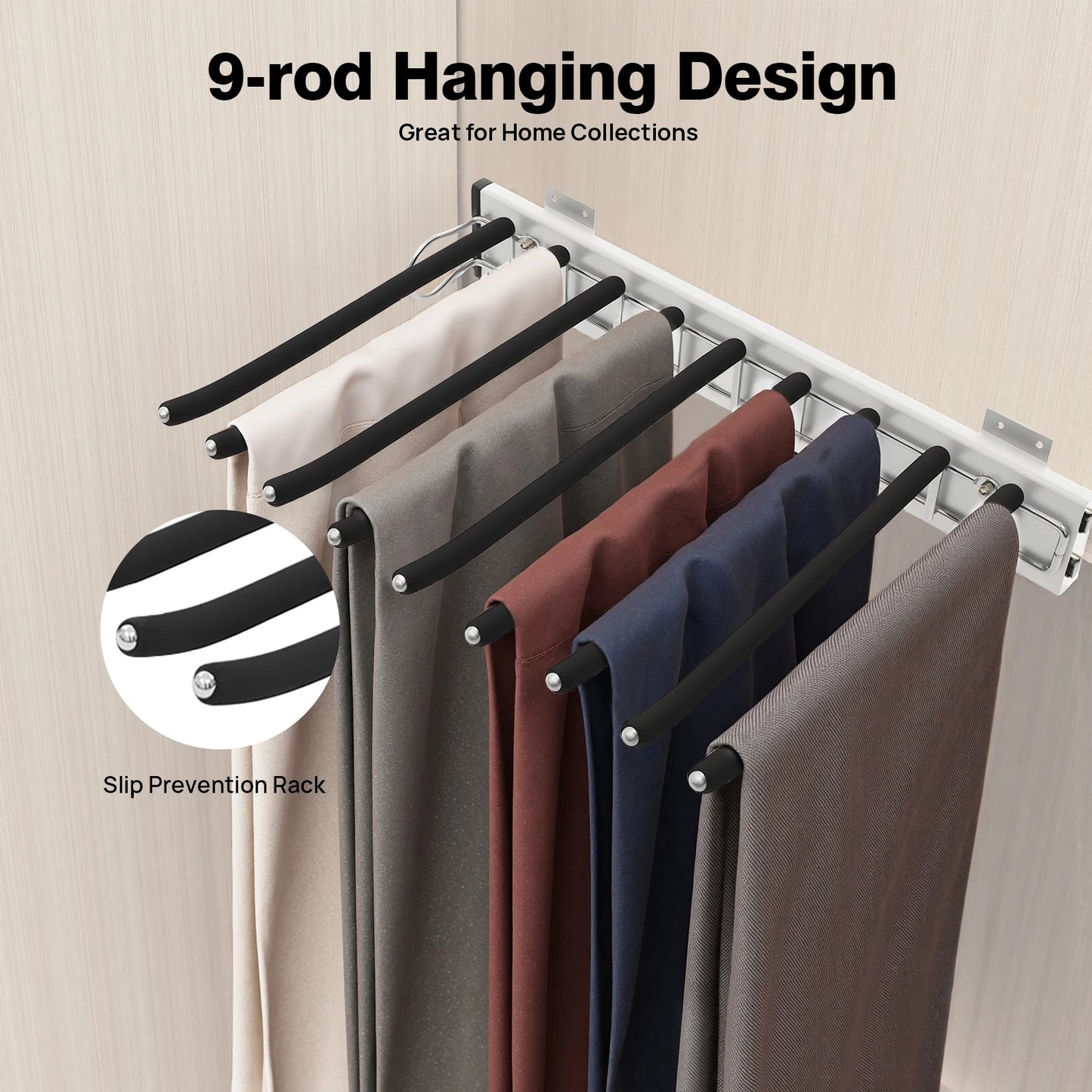 Bymaocar Pull Out 9 Rods Trousers Rack Retractable Wardrobe Organizer