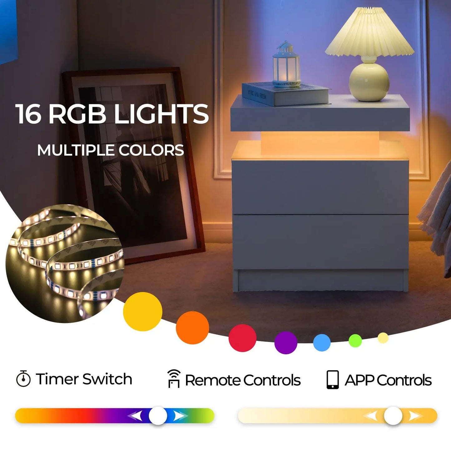 Cubehom LED Nightstands Set Of 2 With Drawers Bedside Tables