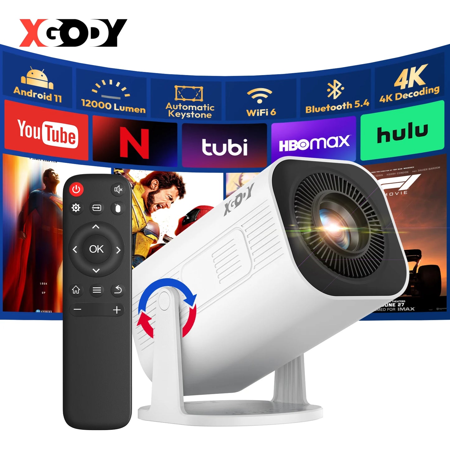 XGODY 4K LED Projector 12000 Lumens Brightness WiFi 6