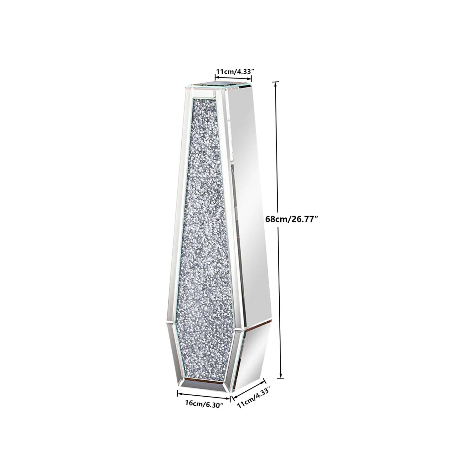 Mirrored Floor Vase With Crushed Diamond Glass Silver Finish