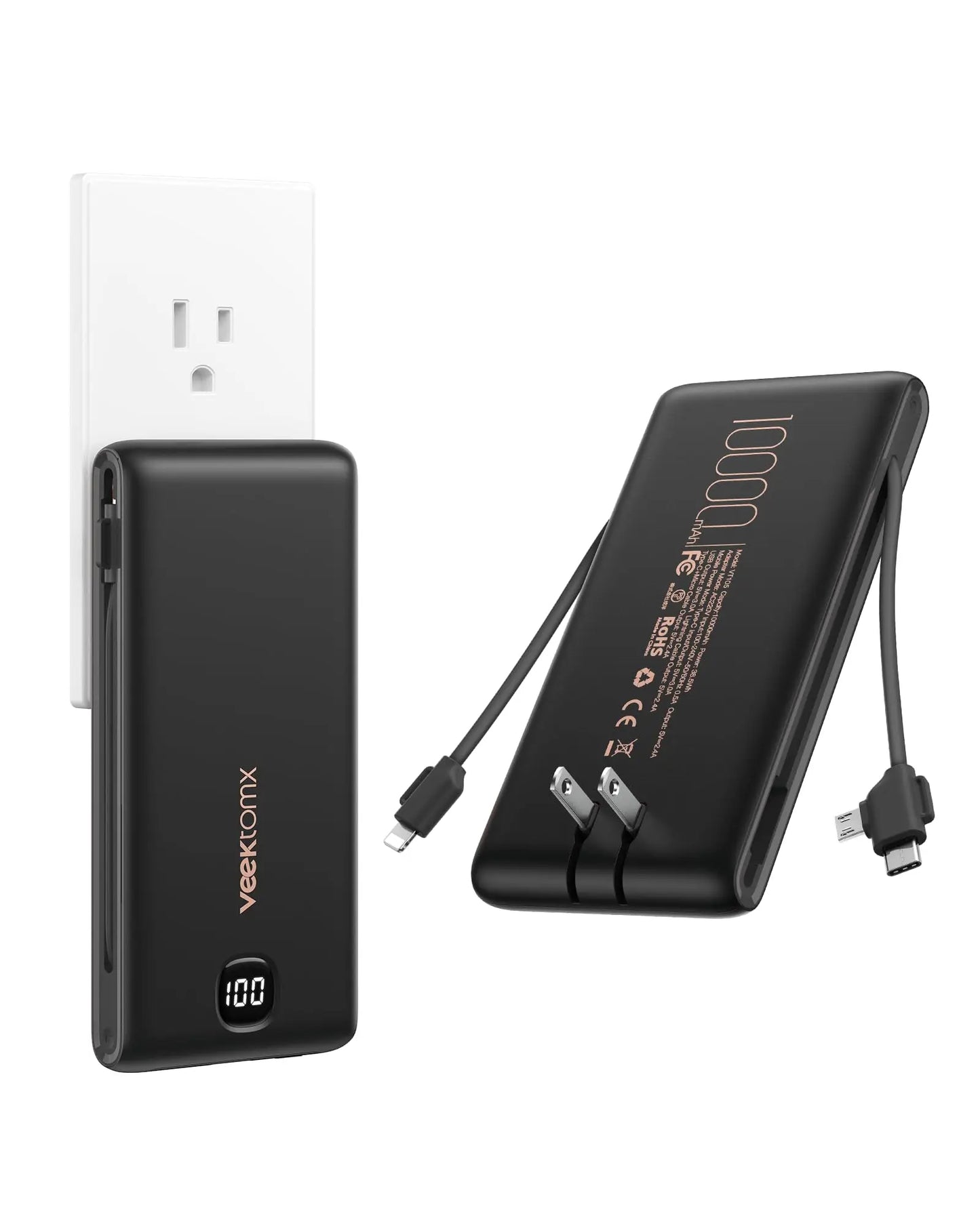 Portable 10000mAh Power Bank With Built In Cables Fast Charge