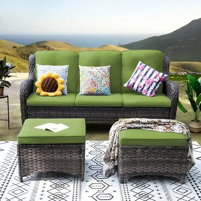 Wicker Outdoor Furniture Set 3-Piece With 3-Seat Sofa And Ottomans