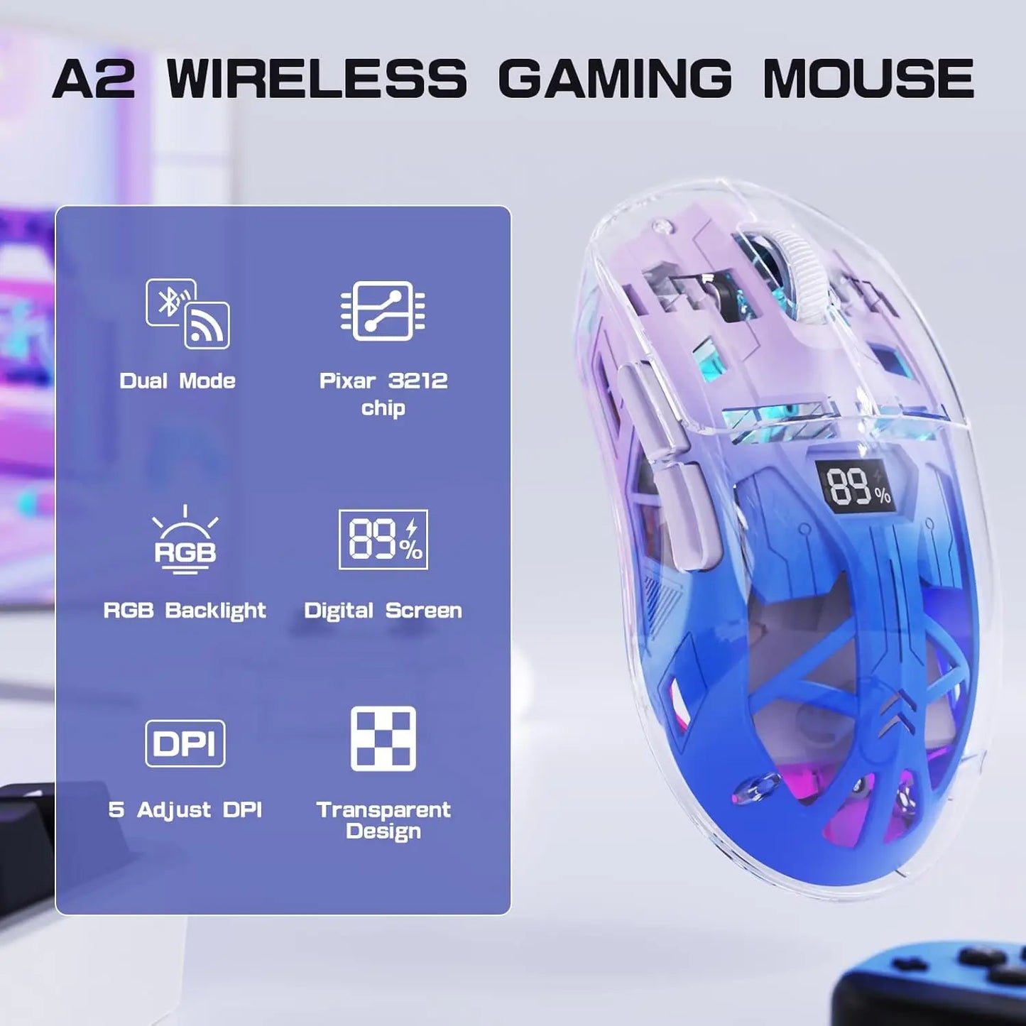 Attack Shark A2 Wireless Gaming Mouse BT5.0 2.4G PixArt 3212