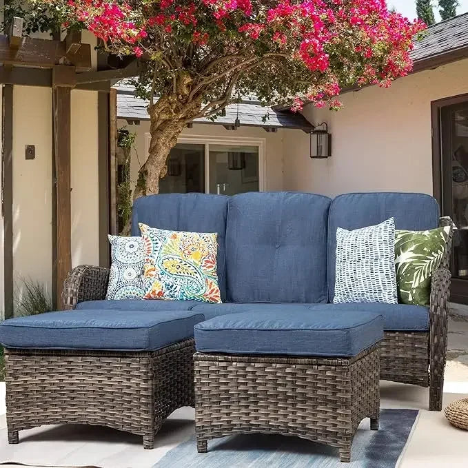 Wicker Outdoor Furniture Set 3-Piece With 3-Seat Sofa And Ottomans