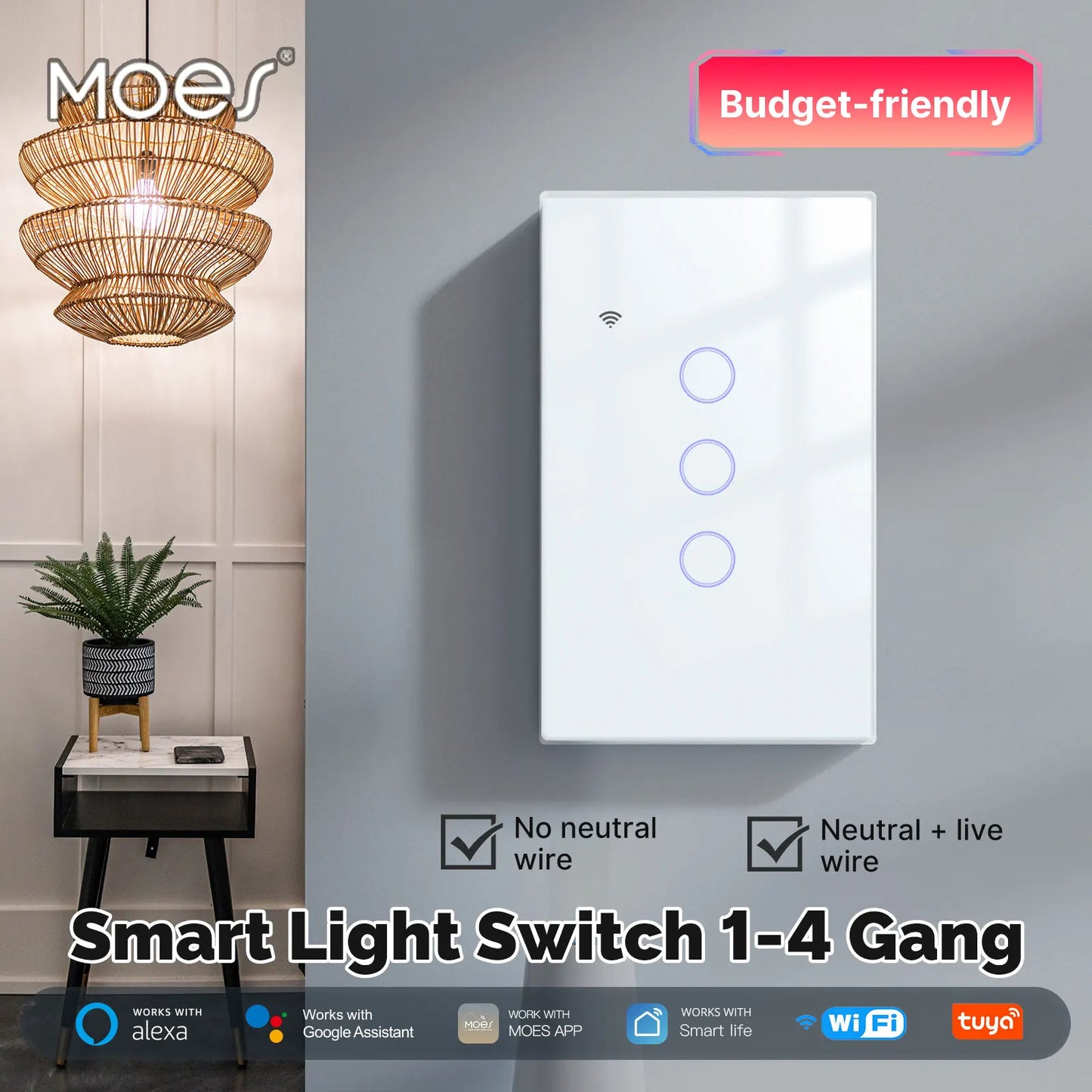 MOES Tuya WiFi Glass Touch Smart Light Switch With Alexa