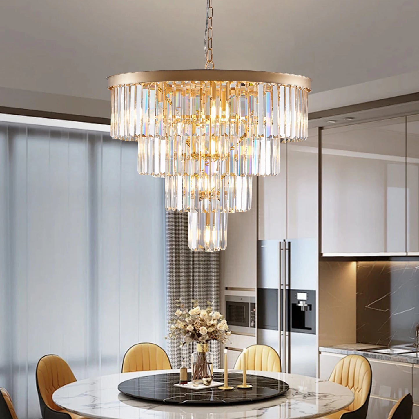 Longree Three Fourth Tier Crystal Chandelier Ceiling Light Elegant