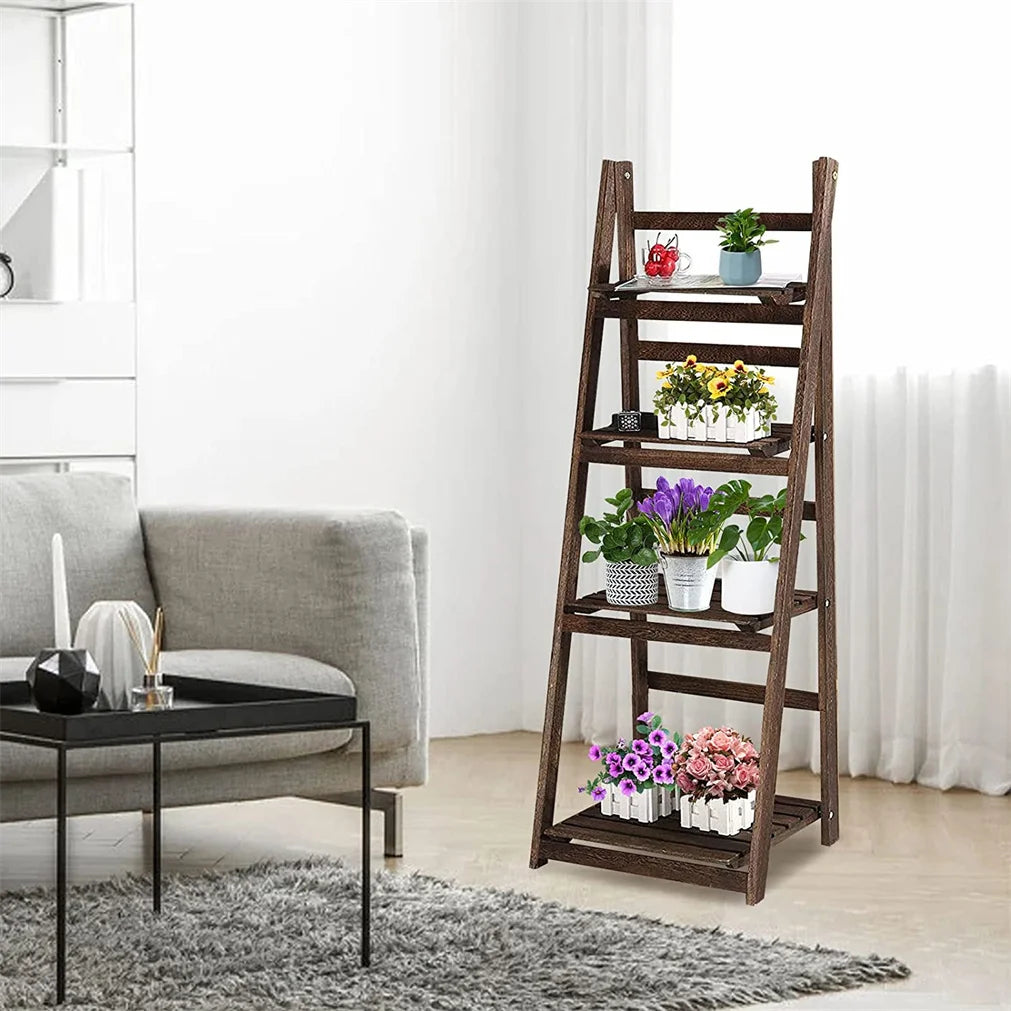 Folding 4-Tier Wooden Ladder Shelf Storage Rack For Home Use