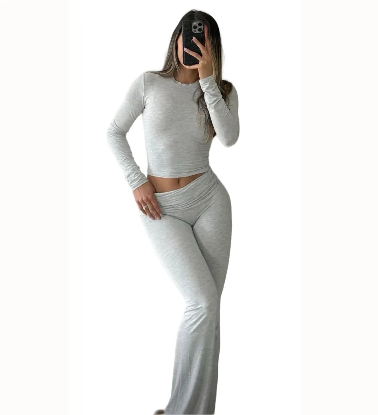 Womens Yoga Two Piece Set With Long Sleeve Top And Wide Leg Pants