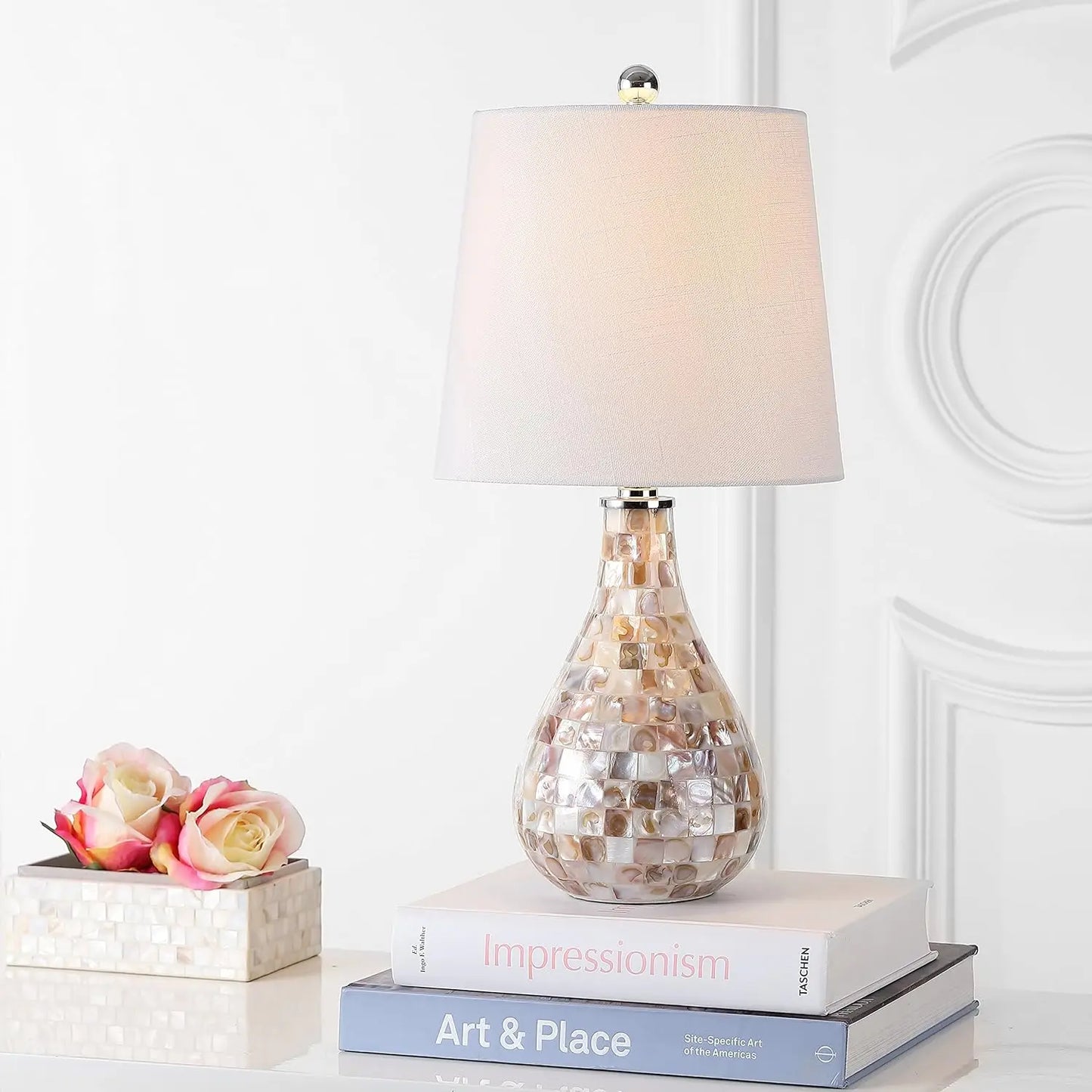 Seashell Coastal Mini LED Table Lamp With White Linen Drum Shade