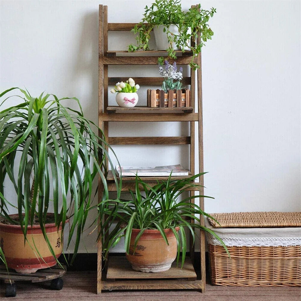 Folding 4-Tier Wooden Ladder Shelf Storage Rack For Home Use