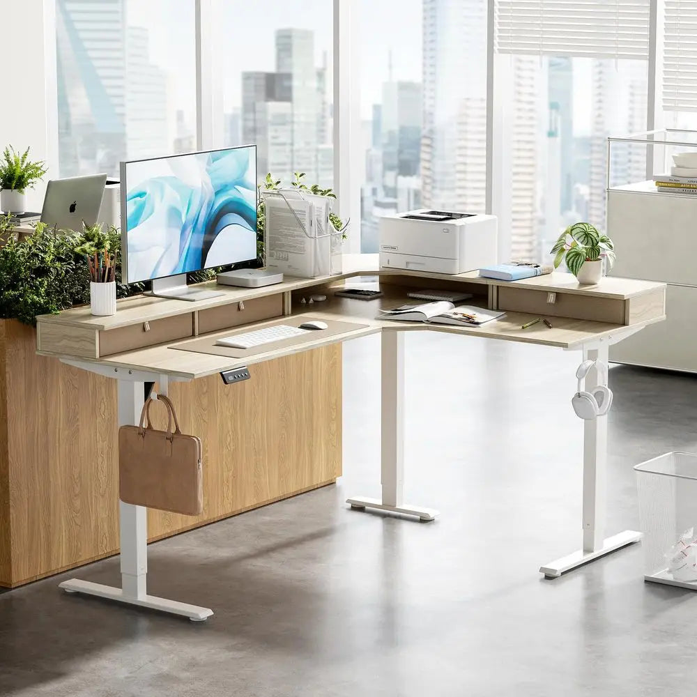 YTYIN L Shaped Standing Desk Drawers Adjustable Height Corner Desk