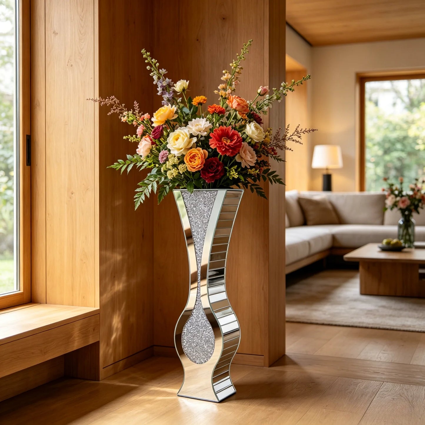 Mirrored Floor Vase With Crushed Diamond Glass Silver Finish