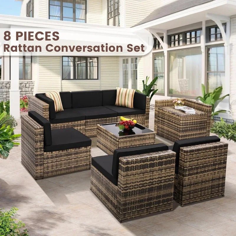 Outdoor Wicker Patio Sectional Set With Glass Table Storage